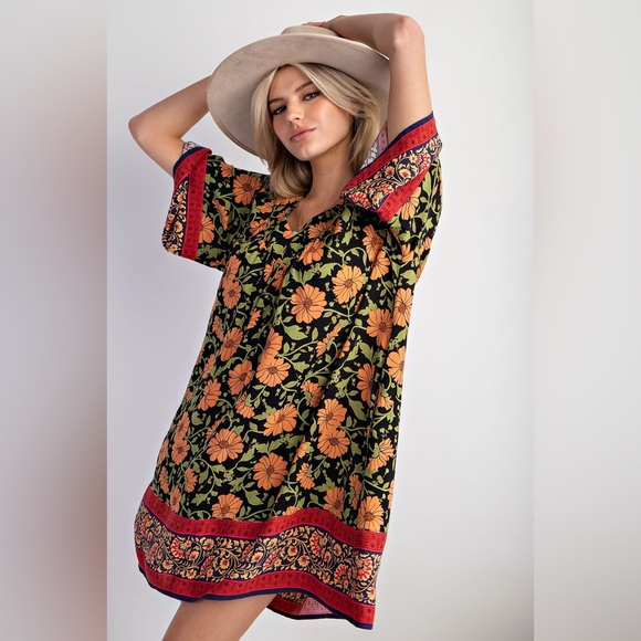 Bohemian Swing Dress with Floral Print With Border Hem and Sleeve - Picture 5 of 11